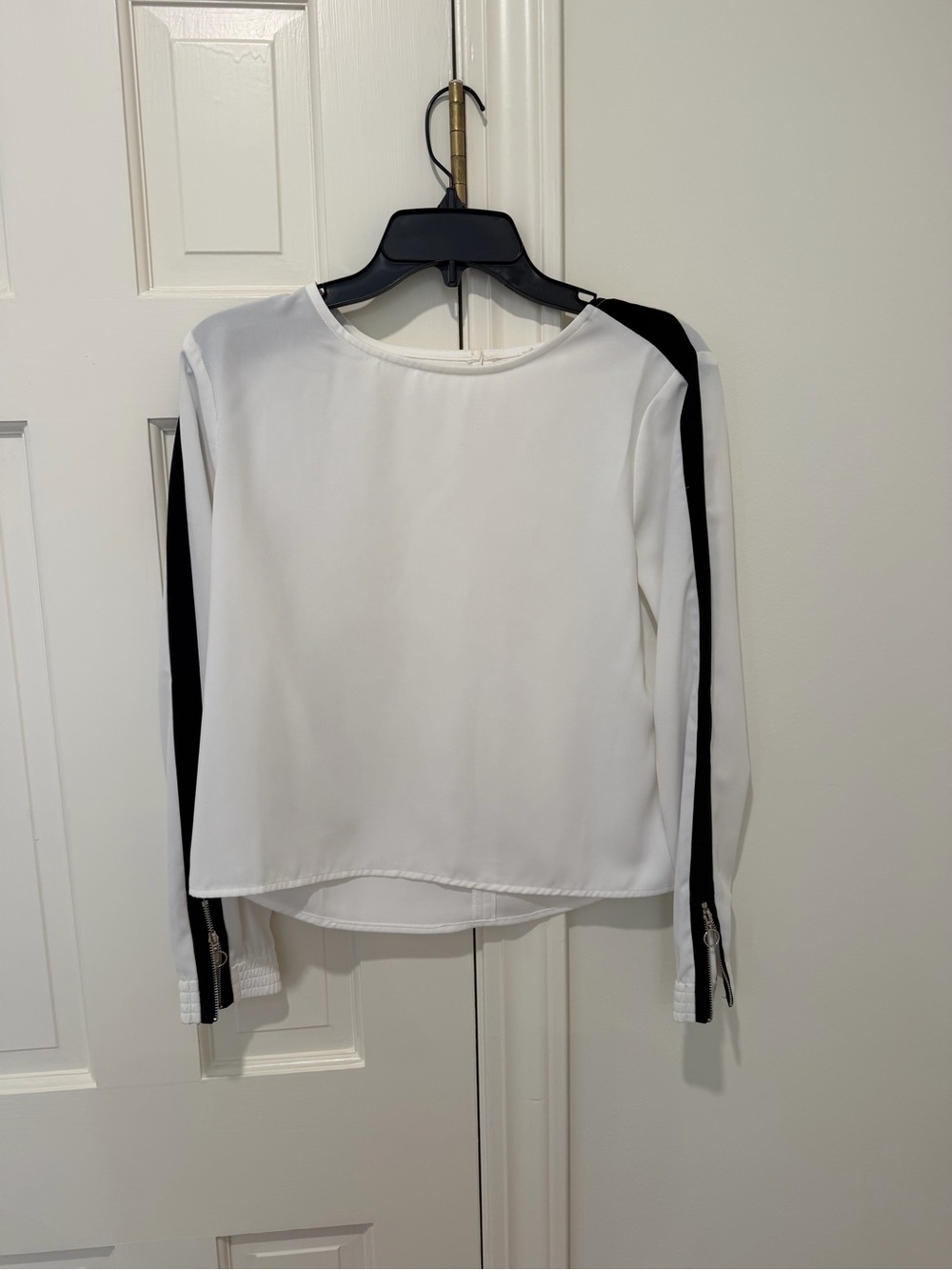 Women's White Blouse with Black Sleeve Stripes and Zip Cuffs Size S